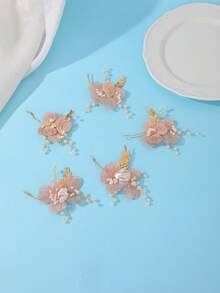 5pcs Bohemian Style Tulle Flower Pearl Edge Hair Clips, Gold Leaf Handmade Floral Hair Accessories, Elegant Bridal Hair Decor - Champagne - View 2