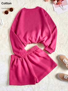 Women's Pink Rib-Knit Drop Shoulder Sweatshirt And Track Shorts Set, Casual Cute Two-Piece Outfit For Fall And Winter. - Watermelon Red - View 2