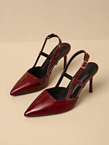 Women's All-Season Solid Color Fashion Sexy Party Pointed Toe Stiletto High Heel Sandals With Back Strap, Burgundy - Burgundy - View 6