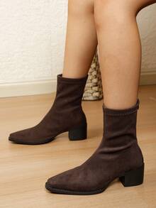 1 Pair Women's Fashion Solid Color Velvet-Feel Sexy Mid-Calf Boots, Versatile Comfortable Slouchy Leg Boots - Brown - View 3
