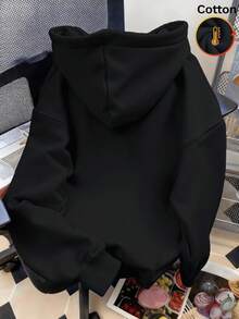 Warm Fleece-Lined Oversized Women's Sweatshirt, Casual Daily Wear, Long Sleeve Hoodie, Outerwear Top, Y2K, Men's, Cold Weather Clothing, Streetwear - Black - View 4