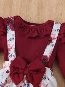 Newborn Baby Girl 3pcs Set Burgundy Flutter Sleeve Bodysuit, Pants & Headband Autumn Fashion Outfit - Burgundy - View 3