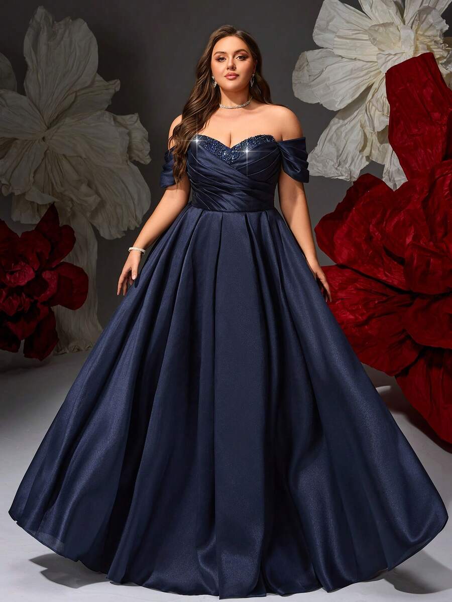VIPGIRL New Navy Blue Strapless Sequin Patchwork Ruched Bust Design Elegant Plus Size Women's Formal Evening Gown - Navy Blue - View 1