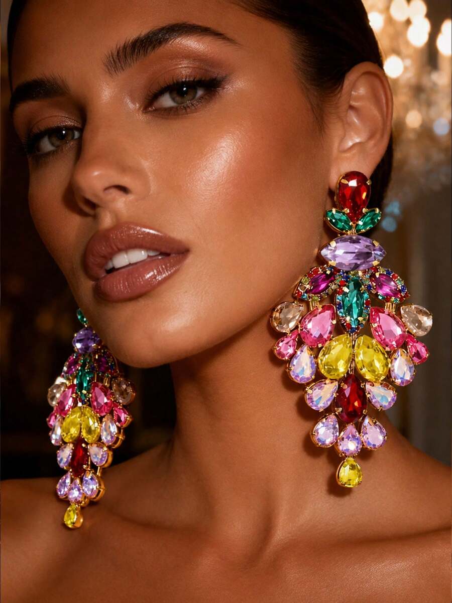 Dazzling Rhinestone Oversized Hoop Earrings For Women, Multicolor Gold Wedding Jewelry