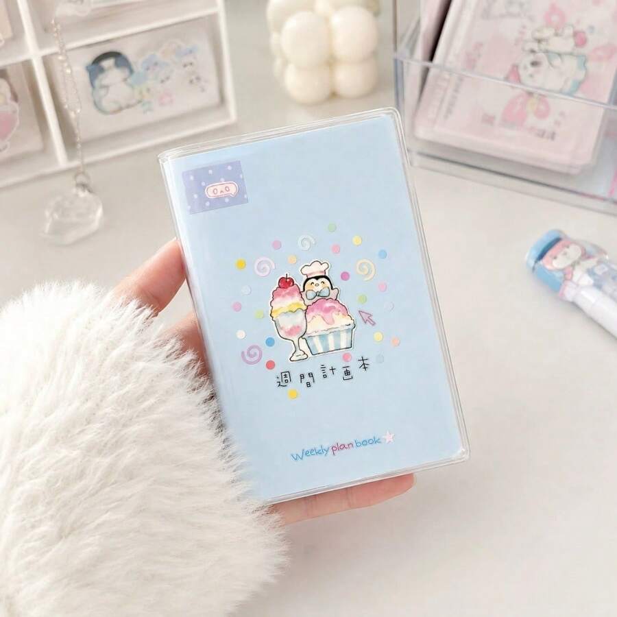Cute Undated Weekly Planner Notebook, Portable Mini PVC Cover Diary, Kawaii Penguin Ice Cream Pattern, Undated Weekly Planner With Weekly Summary, Pocket Size Schedule Notebook - A - View 1
