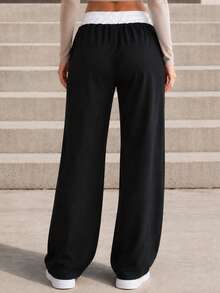 GRIM PANDA Women Fall Contrast White Waistband Wide Leg Pants Drawstring Elastic Waist Side Pockets Loose Fit Casual Daily Long Trousers For Sports - Black - View 3