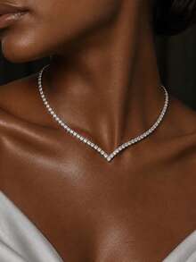 1pc Women's Elegant V-Shaped Rhinestone Tennis Necklace, Adjustable Collarbone Chain, Suitable For Glamorous Bridal, Evening Party, Ball, Formal Occasions - Rhinestones - View 2