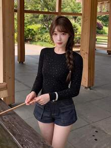 Sexy Hot Girl Fashion Rhinestone Long Sleeve Round Neck T-Shirt Women Autumn Winter Slim Fit Base Layer Top - Black - View 5