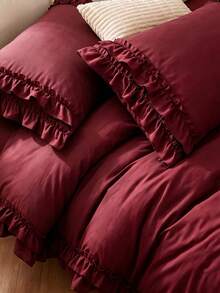 3pcs Skin-Friendly Soft Comfortable Burgundy Double Layer Ruffle Edge Duvet Cover Set (1*Duvet Cover + 2*Pillowcases, No Fillers), French Country Style, Lady Style, Girly Style, Bohemian Rural Style, Suitable For Bedroom, Guest Room, Boys And Girls Bedding, Machine Washable, All Season Use - Burgundy Solid Color - View 5
