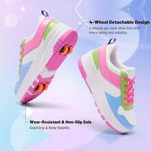 BLSART 1 Pair Kids PU Colorblock Lace-Up Round Toe Thick Sole Detachable Hidden 2-In-1 Four-Wheel Roller Shoes, Suitable For Outdoor Daily Skating, Children's Wheeled Sports Shoes, Student Gift - Blue and White - View 17