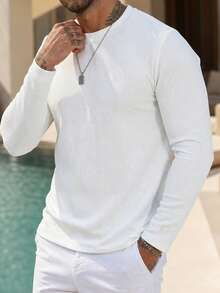 Men's Autumn/Winter Asymmetrical Diagonal Stripe Solid Color Crew Neck Long Sleeve T-Shirt - White - View 2