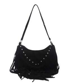 Tassel Shoulder Bag, Fashion Crossbody Women's Bag, Rivet Decor Personalized Vacation Style Versatile Bag - Black - View 13