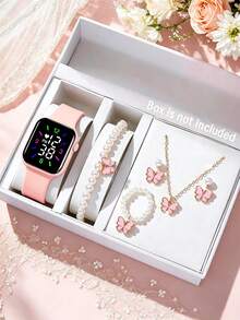 6pcs Cute Girl Pink Digital Display Electronic Watch And Beaded Butterfly Jewelry Set, Daily - Pink - View 1