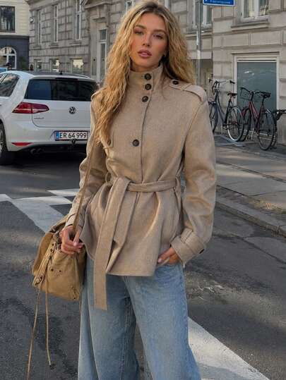 Stand Collar Epaulet Detail Belted Waist Button Front Wool Blend Short Coat Women Long Sleeve Outerwear
