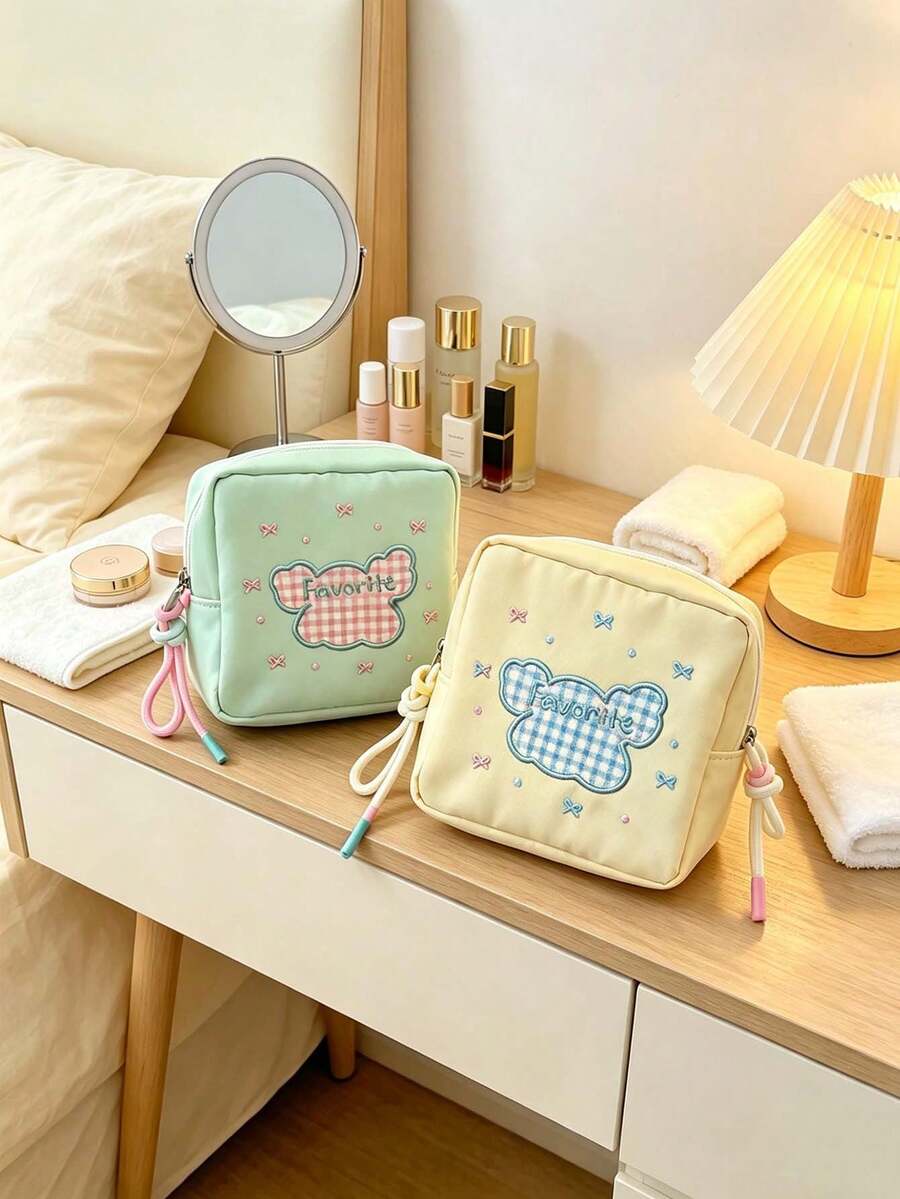 1pc/4pcs Pastoral Style Nylon Square Storage Bag, Plaid Embroidered Letter Pattern, Drawstring Wrist Strap, Zipper Closure, Portable Makeup Bag, Sanitary Napkin Storage Bag, Suitable For Daily Outings, Outdoor Travel, Spring And Autumn Daily Use,Travel Essential