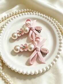 2pcs Pink Bow Pearl Hair Clips, Cute Flower Rhinestone Decor, Women Girls Daily Party Hair Accessories - Multicolor - View 6