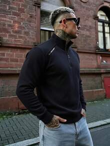 Men's Spring/Autumn Polo Shirt, Business Casual Fashion Gentleman Stand Collar Long Sleeve - Black - View 2