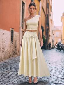 Elio Closet Women's Elegant Solid Color Fitted Summer Two Pieces Set, Minimalist Versatile Cropped Asymmetric Neck Sleeveless Top, Cinched Waist Ruched A-Line Maxi Skirt, Suitable For Beach Vacation, Work Commute, Festivals, Graduation Ceremony - Apricot - View 3