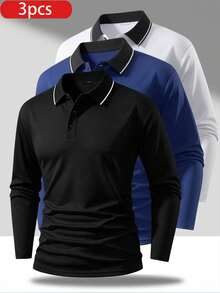 3pcs Men's Autumn Running Fitness Golf Sports Casual Long Sleeve Polo Shirts - Multicolor - View 1