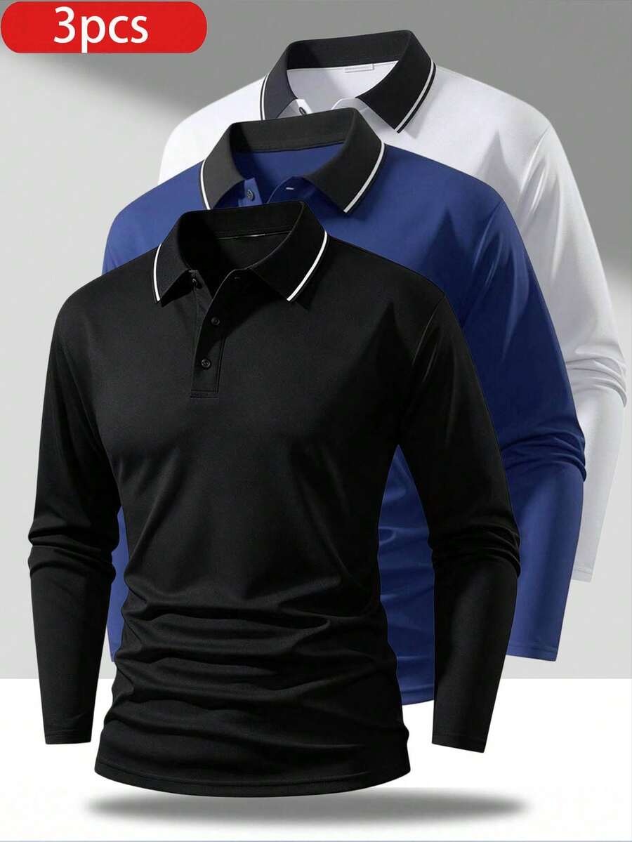 3pcs Men's Autumn Running Fitness Golf Sports Casual Long Sleeve Polo Shirts - Multicolor - View 1