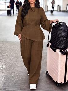 BIUBIU Fall Business Casual Plus Size Women Curve 2 Pieces Set Brown Asymmetrical Ruched Top And Wide Leg Non-Stretch Pants For Office Or Going Out - Brown - View 7