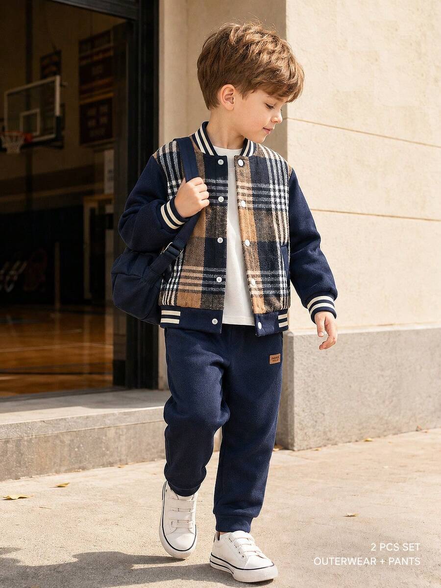 Young Boy Casual Fashion Plaid Patchwork Royal Blue Long Sleeve Baseball Shirt And Small Badge Long Pants Set - Multicolor - View 1