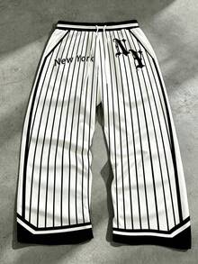 Celana Baseball Pria Ukuran Besar Motif Garis Vertikal Hitam Putih dengan Saku untuk Pemakaian Kasual Sehari-hari - Putih - View 2