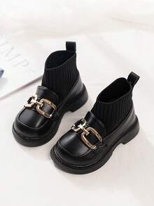 1 Pair Baby Girl Metal Buckle Decor Knitted Upper Comfortable Lightweight Flat Ankle Boots Elastic Boots Suitable For Daily Wear In Autumn/Winter - Black - View 1