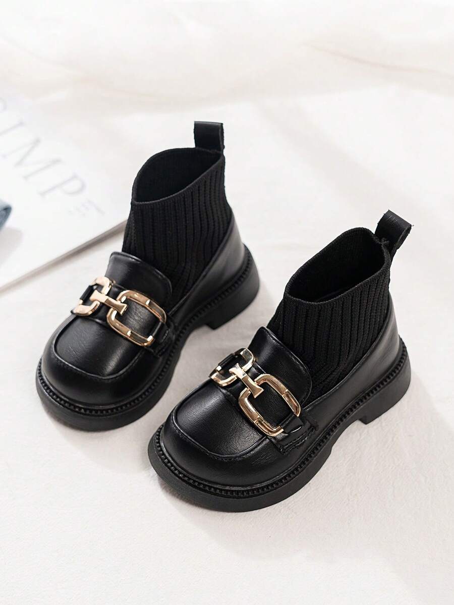 1 Pair Baby Girl Metal Buckle Decor Knitted Upper Comfortable Lightweight Flat Ankle Boots Elastic Boots Suitable For Daily Wear In Autumn/Winter - Black - View 1