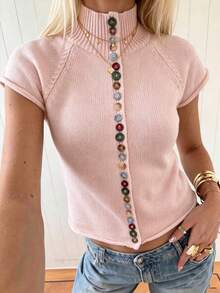 Just Masa Women's Fall Casual Front Button High Neck Sweater Pullover,Short Sleeve Slim Fit Solid Color Basic Knit Top,For Vacation,Travel,Daily Wear - Pink - View 7