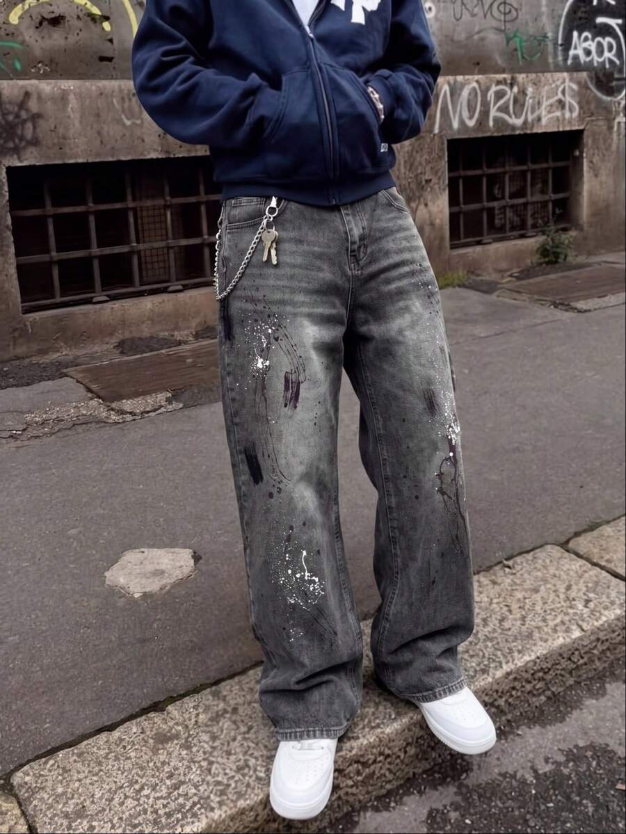 Men's Gray Washed Wide Leg Loose Fit Jeans With Hand-Painted Graffiti Lines + Black & White Splatter Print, Classic 5-Pocket Casual Long Pants - Grey - View 1