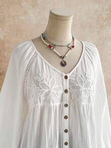 Rusttydustty Women's White Pure Cotton Vintage French Bohemian Style Doll Blouse, Embroidered Patchwork Hollow Design, Suitable For Autumn, Halloween - White - View 8