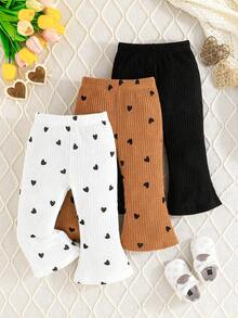 3pcs/Set Baby Girl Heart Pattern Flared Leggings, 3-Color Combination, Knitted Blend Baby Girl Clothing Suitable For Spring, Summer, Autumn And Winter - Khaki - View 1