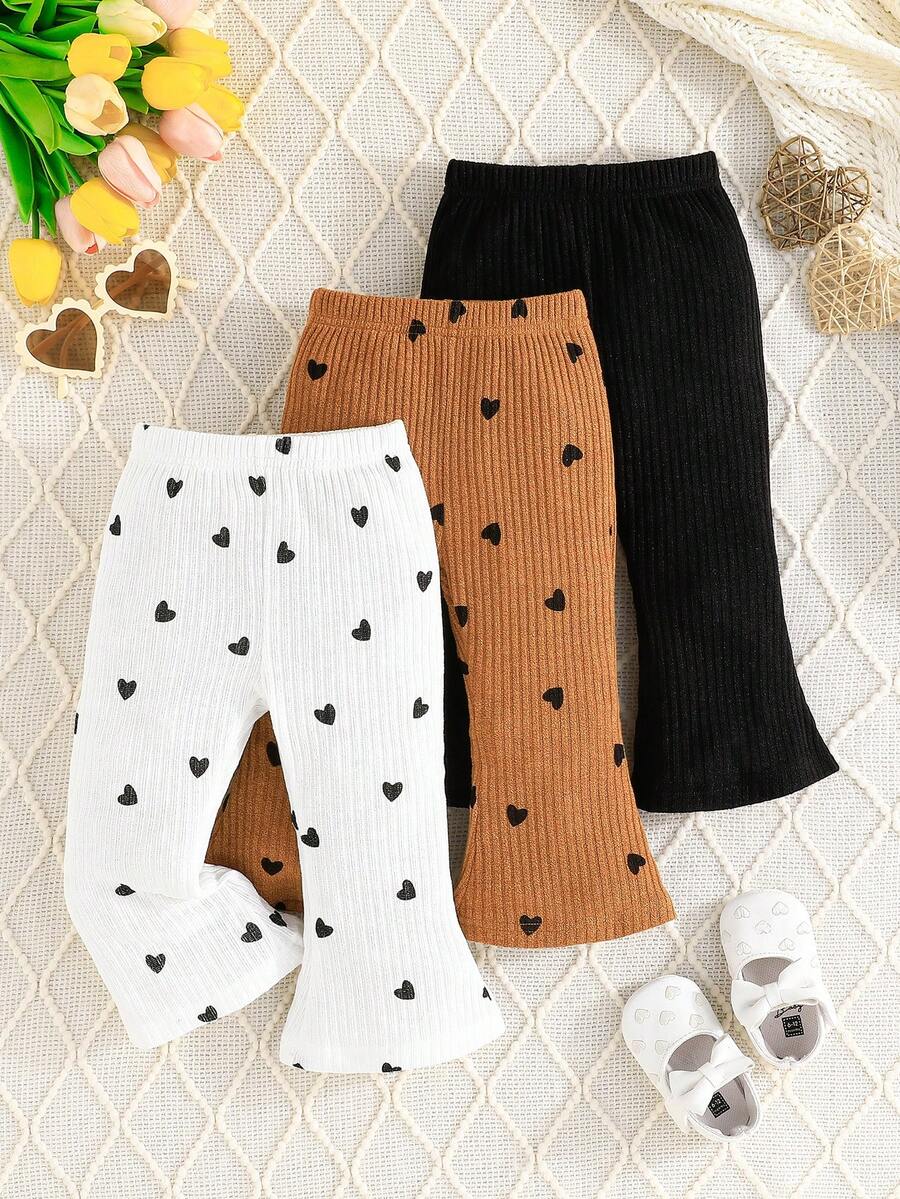 3pcs/Set Baby Girl Heart Pattern Flared Leggings, 3-Color Combination, Knitted Blend Baby Girl Clothing Suitable For Spring, Summer, Autumn And Winter - Khaki - View 1