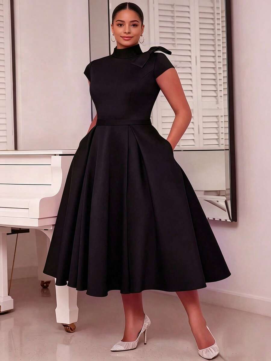 NOU Elegant Lady Style Bow Tie Small Stand Collar Cap Sleeve Short Sleeve A-Line Waist-Defining Mid-Length Dress For Women, Flattering Proportion, - Black - View 1