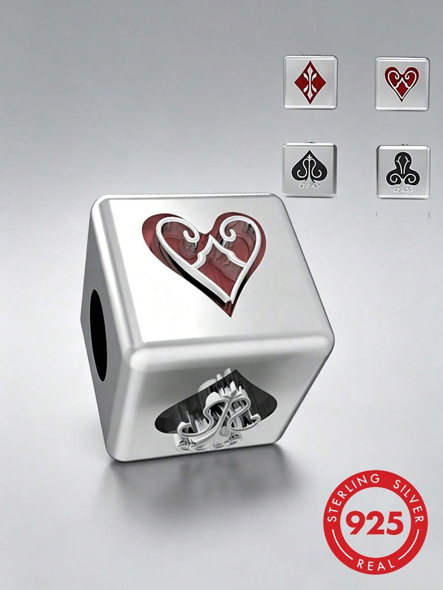 1pc S925 Sterling Silver Square Large Hole Bead Oil-Painted Poker Card Four Suits Square Heart Spade Club Vintage Lucky Card Game DIY Bracelet Beads Silver Accessory - Silver - View 1