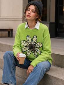 Women's Green Ribbed Knit Polyester Long Sleeve Pullover Sweater, Bright Floral Pattern, Suitable For Autumn/Winter Casual Daily Wear Fall - Green - View 4