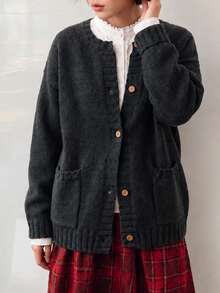 Women's Autumn/Winter Casual Minimalist Vintage Style Textured Knit Cardigan Jacket - Dark Grey - View 3