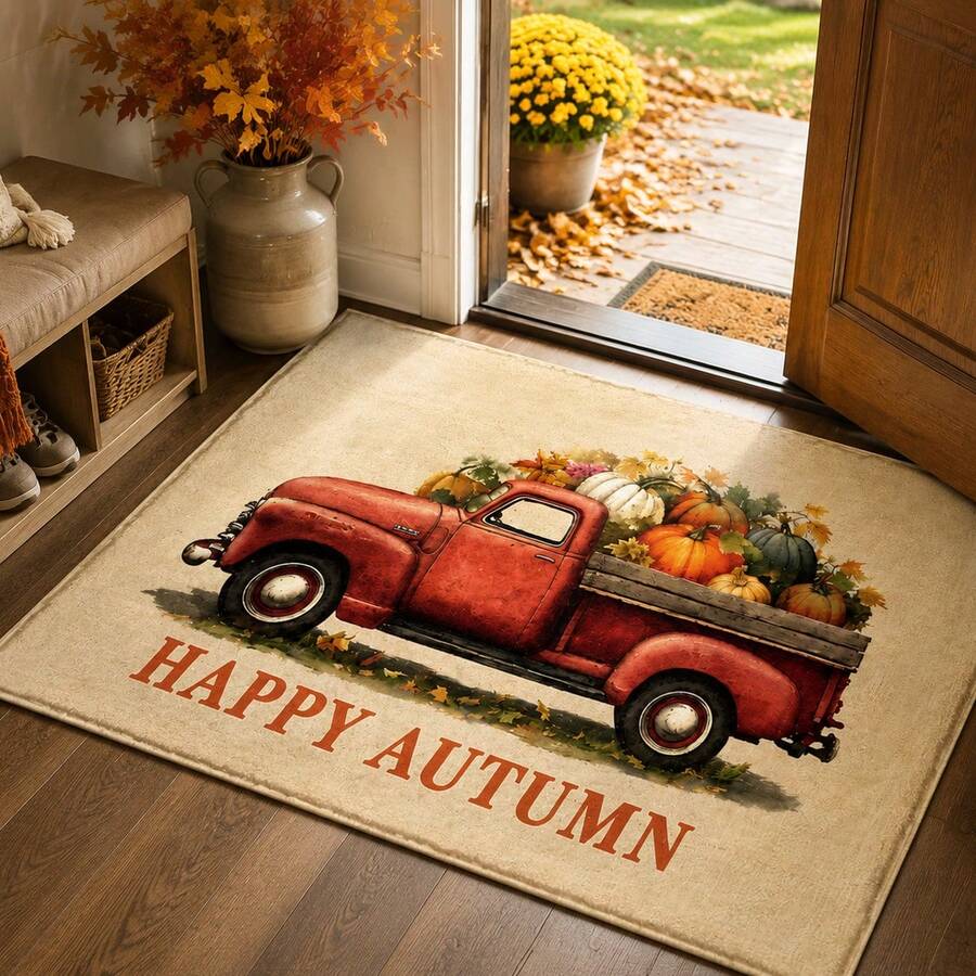 1pc, Autumn Truck Pattern Printed Faux Cashmere Kitchen Mat, Absorbent Kitchen Rug, Kitchen Carpet, Long Runner Mat, Sink Front Mat, Suitable For Kitchen, Bathroom, Entryway, Hallway, Laundry Room And Home Decor - Multicolor - View 1