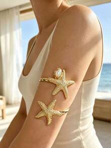 1pc Fashion Beach Style Pearl & Starfish Open Cuff Bracelet, Unique Design With Adjustable Starfish Direction - Gold - View 10