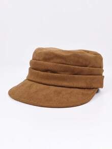 Women Faux Suede Newsboy Cap, Pleated Face-Slimming Hat, Adjustable Maillard Style, Fall Winter Essential - Solid Color Flat Top Newsboy Cap - View 15