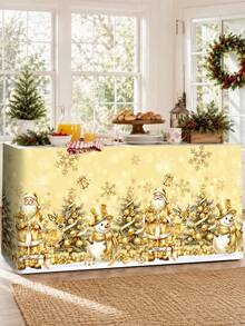 1pc Christmas Table Skirt, Vintage Gold Santa Claus Snowman Xmas Tree Pattern Polyester Rectangle Xmas Table Cover 5 Hook-And-Loop Fasteners, Festive Winter Holiday Kitchen Dining Table Decor Christmas Decorations For Home Dessert Table Cabinet Decor - Golden Santa Claus - View 8