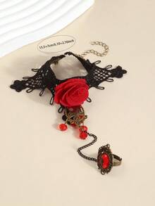 1pc Women's New Rose Fashion Flower Gothic Style Handmade Lace Bracelet, Valentine's Day - Multicolor - View 5