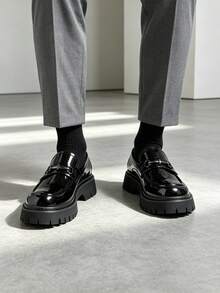 Men's Classic Slip-On Loafers, Chunky Square Heel, Casual Business Commute Non-Slip Daily Shoes - Black - View 5