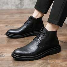 Sepatu bot tinggi pria motif kotak-kotak timbul dengan tali pengikat dan detail resleting samping, ujung bulat, gaya ramping, cocok untuk kantor, pesta, kencan, dan berbagai acara. - Hitam - View 9