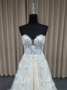 YOUKEFEIER New Elegant Strapless Lace A-Line Long Wedding Dress With Tie Design, Flattering Height And Slimming, Romantic Bridal Gown For Wedding Ceremony - Beige - View 6