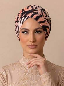 حجاب مخطط للنساء المسلمات، غطاء رأس محبوك وملتوي، وشاح رأس ناعم ومرن وغير قابل للانزلاق، مناسب للارتداء اليومي والمناسبات الاحتفالية - طبعة خطوط النمر - مشاهدة 2