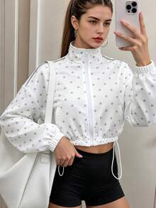 Women's Star Print Stand Collar Cropped Sports Jacket, Y2K American Casual Sporty Hot Girl Style, Suitable For Casual Sports, Streetwear, All Seasons - White - View 8