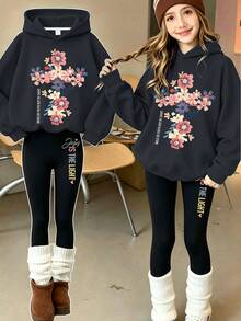 Fashionable Girls Casual Creative Floral Print Hoodie Sweatshirt With Slim Fit Leggings Long Pants, Spring Autumn Winter Daily Versatile 2-Piece Set - Dark Grey - View 1