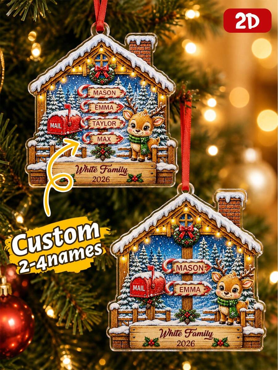 Custom Family Reindeer Christmas Ornament, Personalized 2-4 Names Winter Cabin Sign, Festive Holiday Style, Customized Christmas Wall Decor, Customizable Family Keepsake, Christmas Tree Hanging Decor, 2026 Holiday Gift, Candy Cane Name Tag, 2D Flat - Style D - View 1